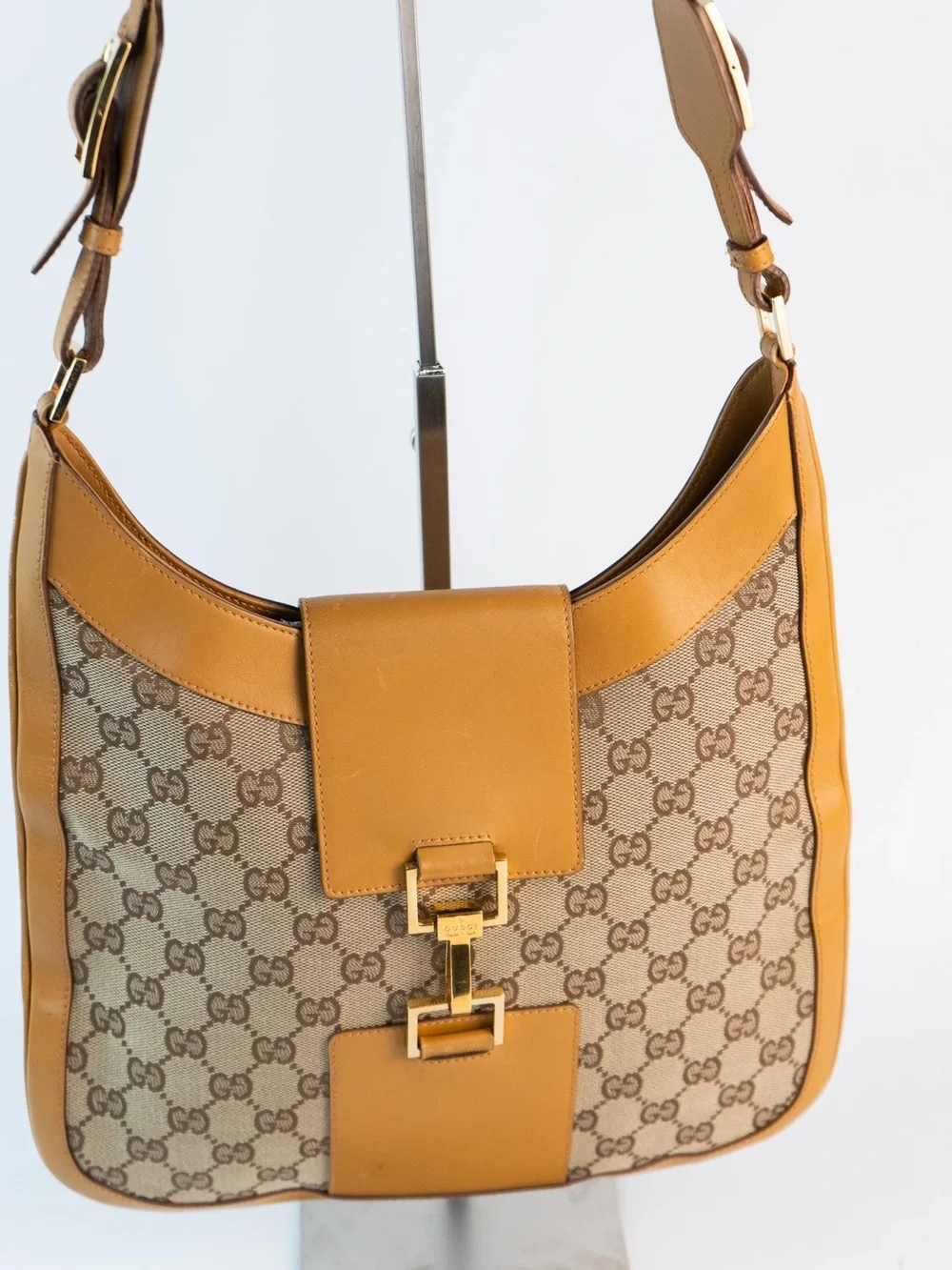 GG Monogram Canvas Leather Shoulder Bag in Tan